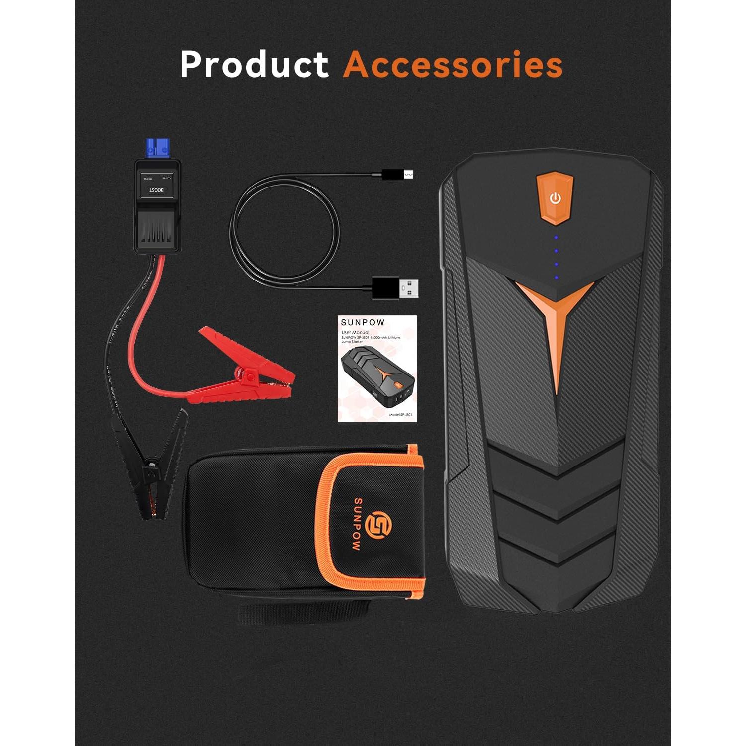 Arrancador de Coche SUNPOW 1500A 12V Batería Litio LED