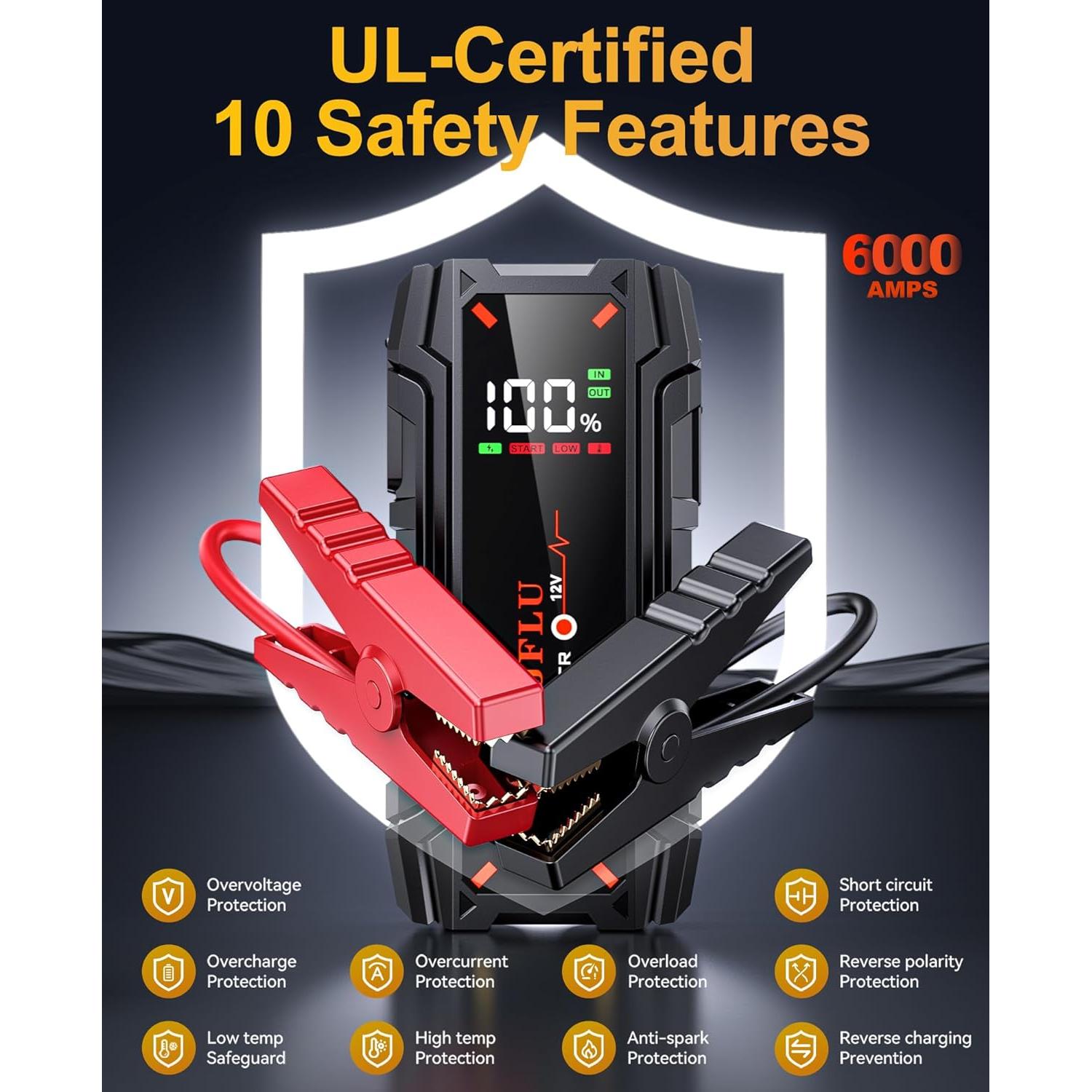 Arrancador de Coche Portátil HDJFLU 6000A 12V con USB y LED