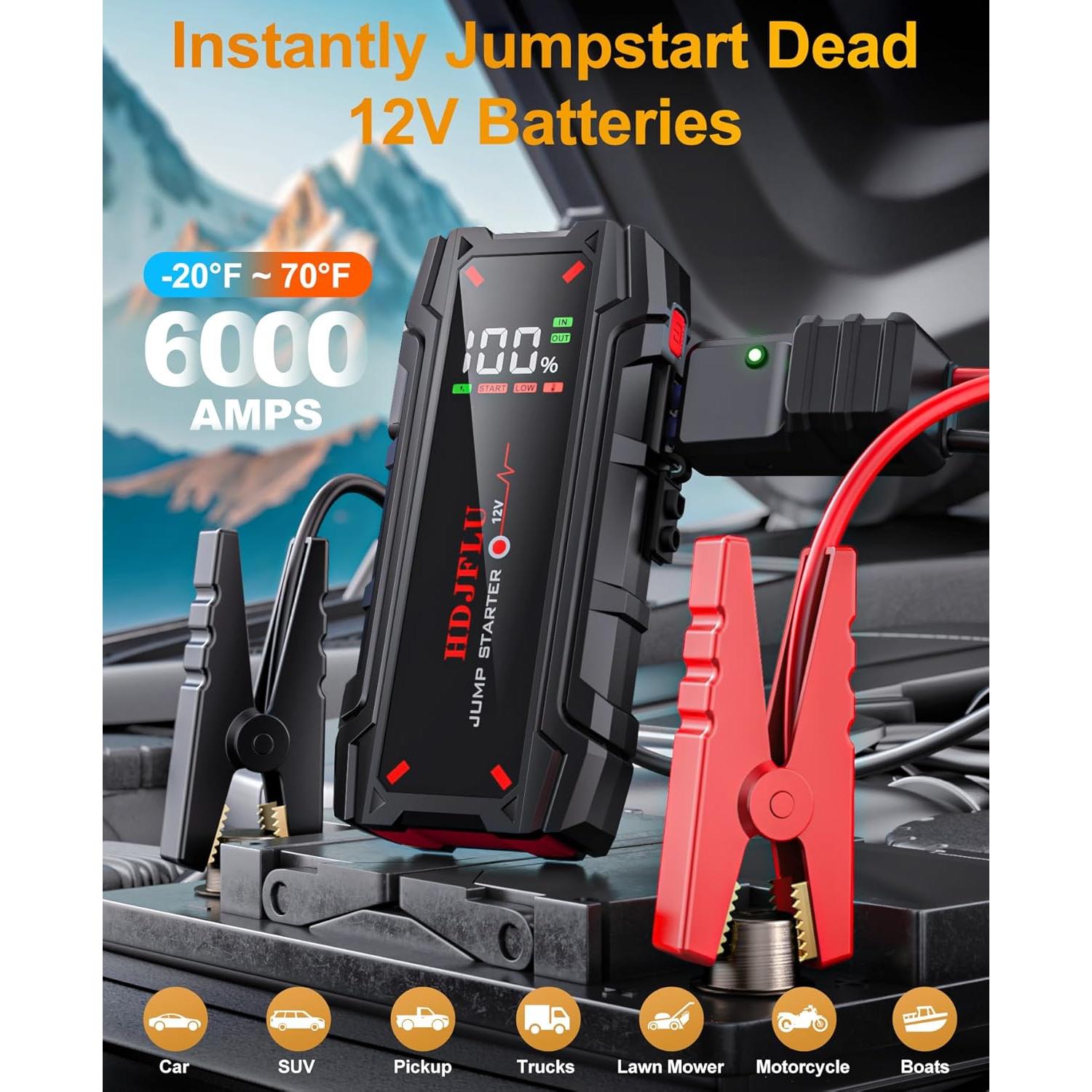 Arrancador de Coche Portátil HDJFLU 6000A 12V con USB y LED