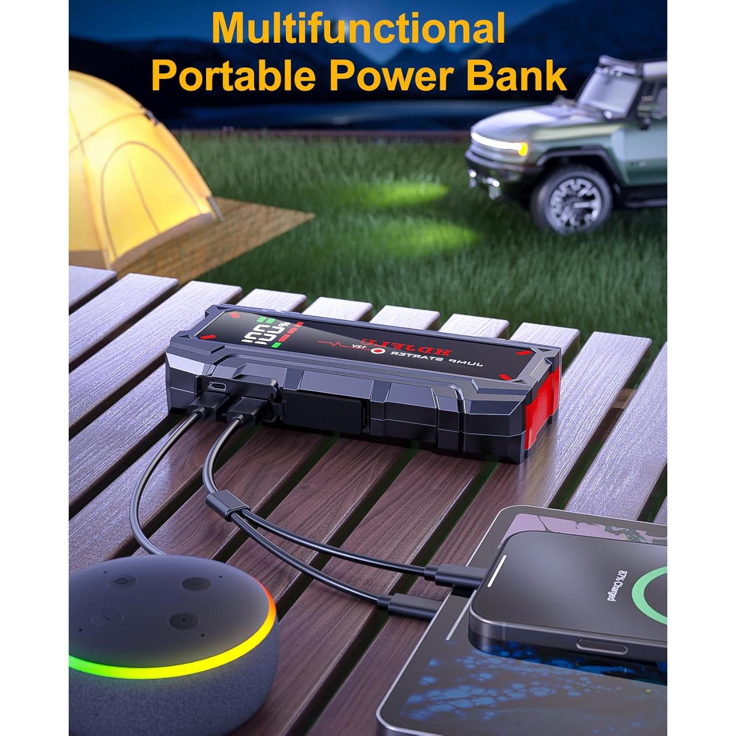 Arrancador de Coche Portátil HDJFLU 6000A 12V con USB y LED