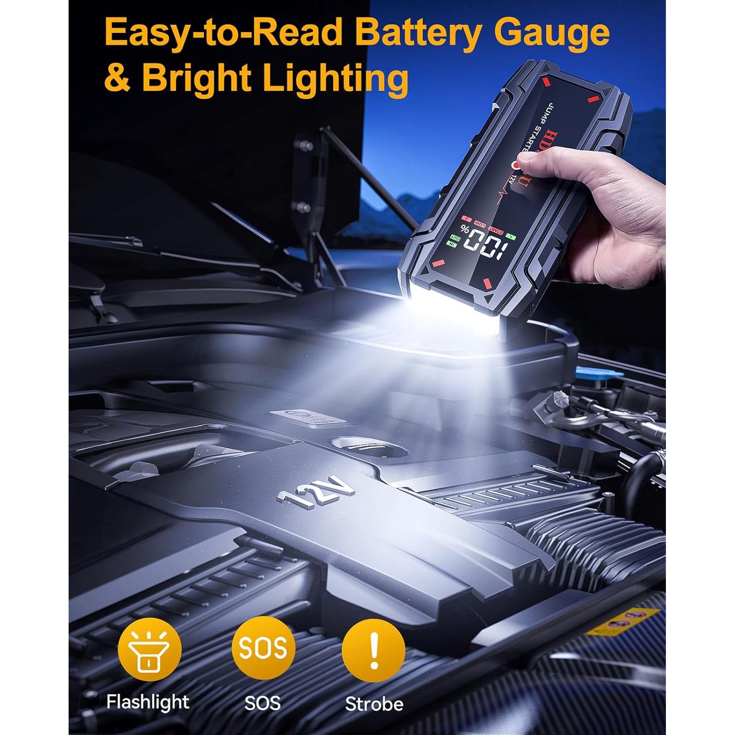 Arrancador de Coche Portátil HDJFLU 6000A 12V con USB y LED