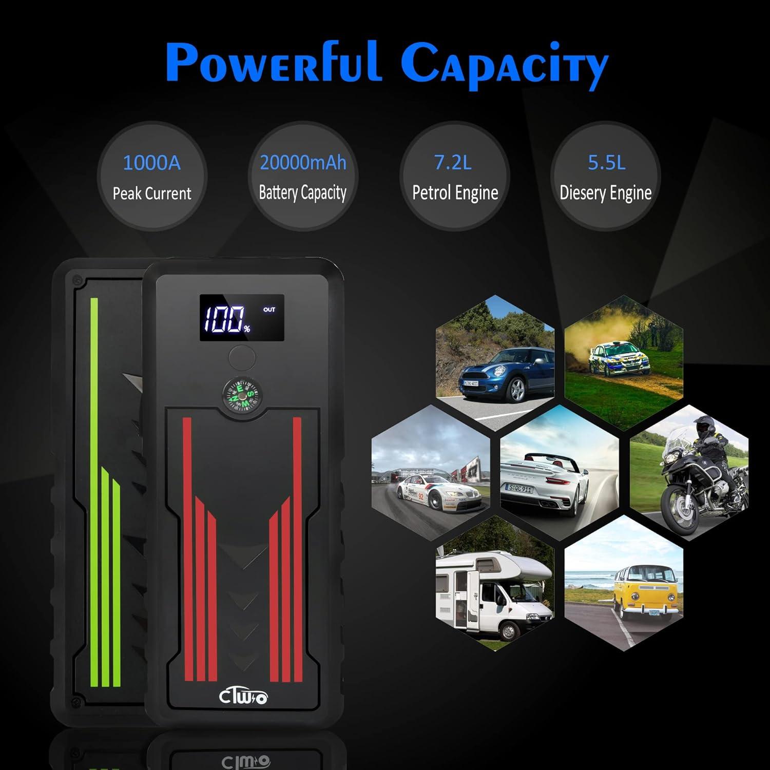 Arrancador de Salto Portátil CTWJO 1000A 20000mAh 12V