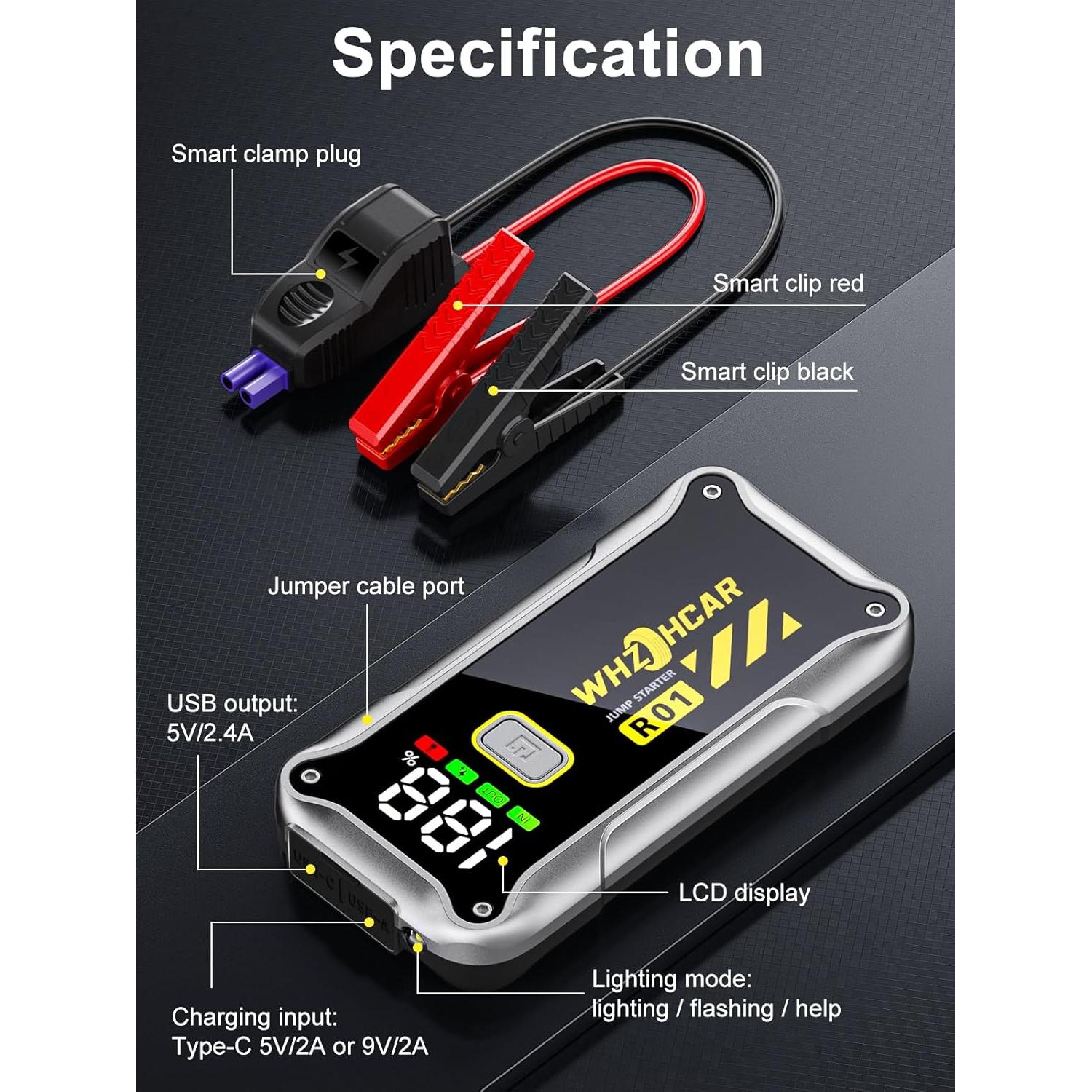 Arrancador de Batería WHZOHCAR R01 4000A 12V Pantalla LCD