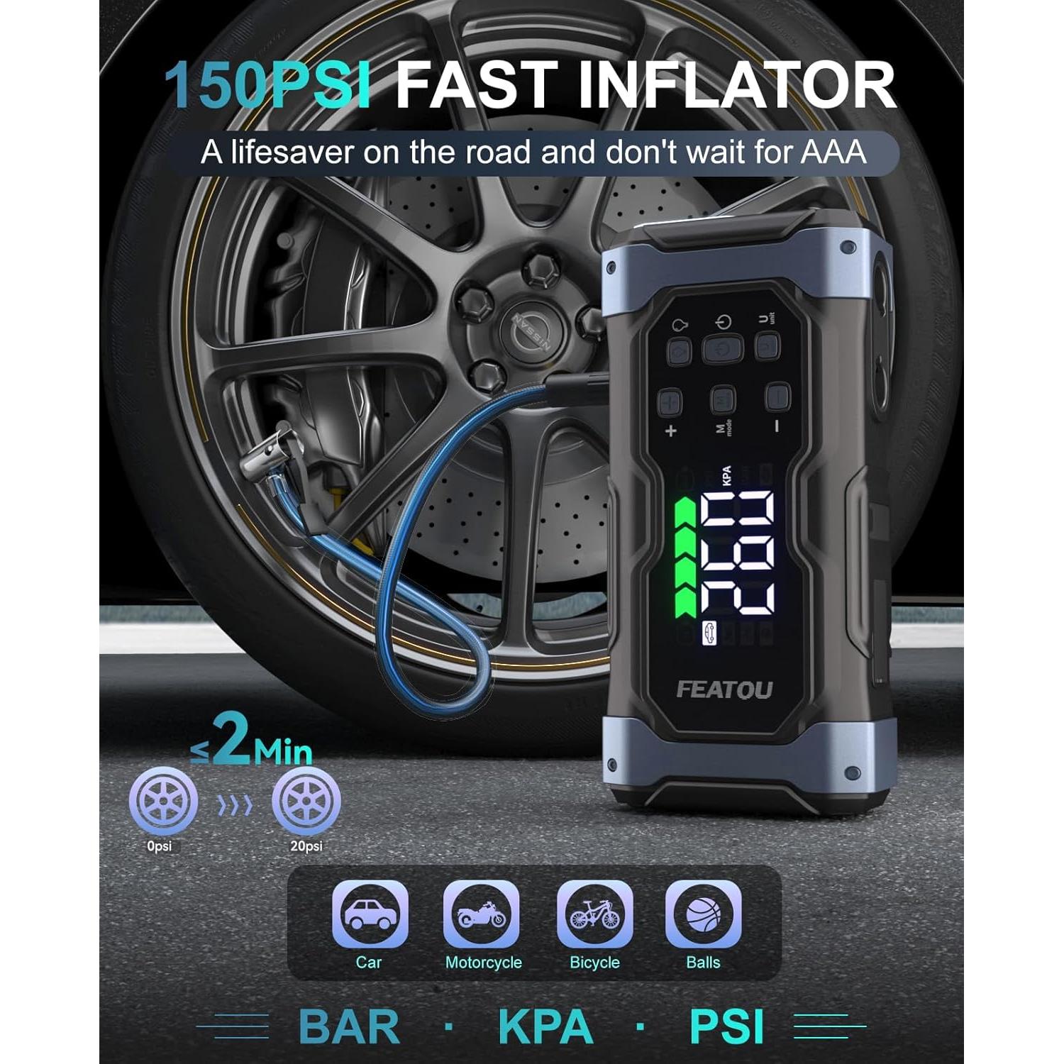 Arrancador de Salto 9000A Featou V8 con Compresor 12V