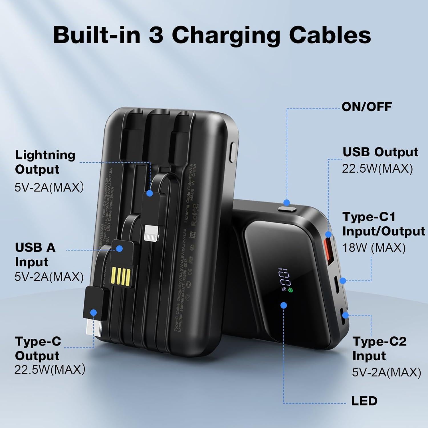 Cargador Portátil WIXLI 10000mAh Carga Rápida PD 22.5W USB-C