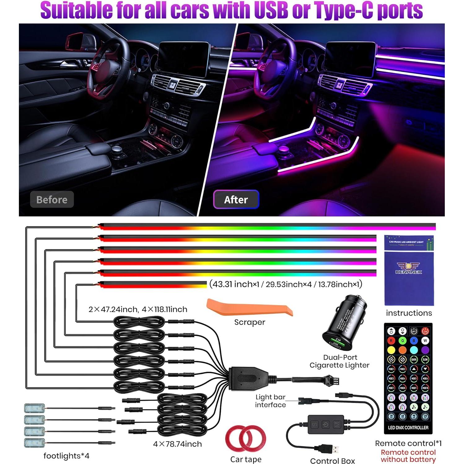 Kit de Iluminación Ambiental KENANEK 175 cm RGB con Control Remoto