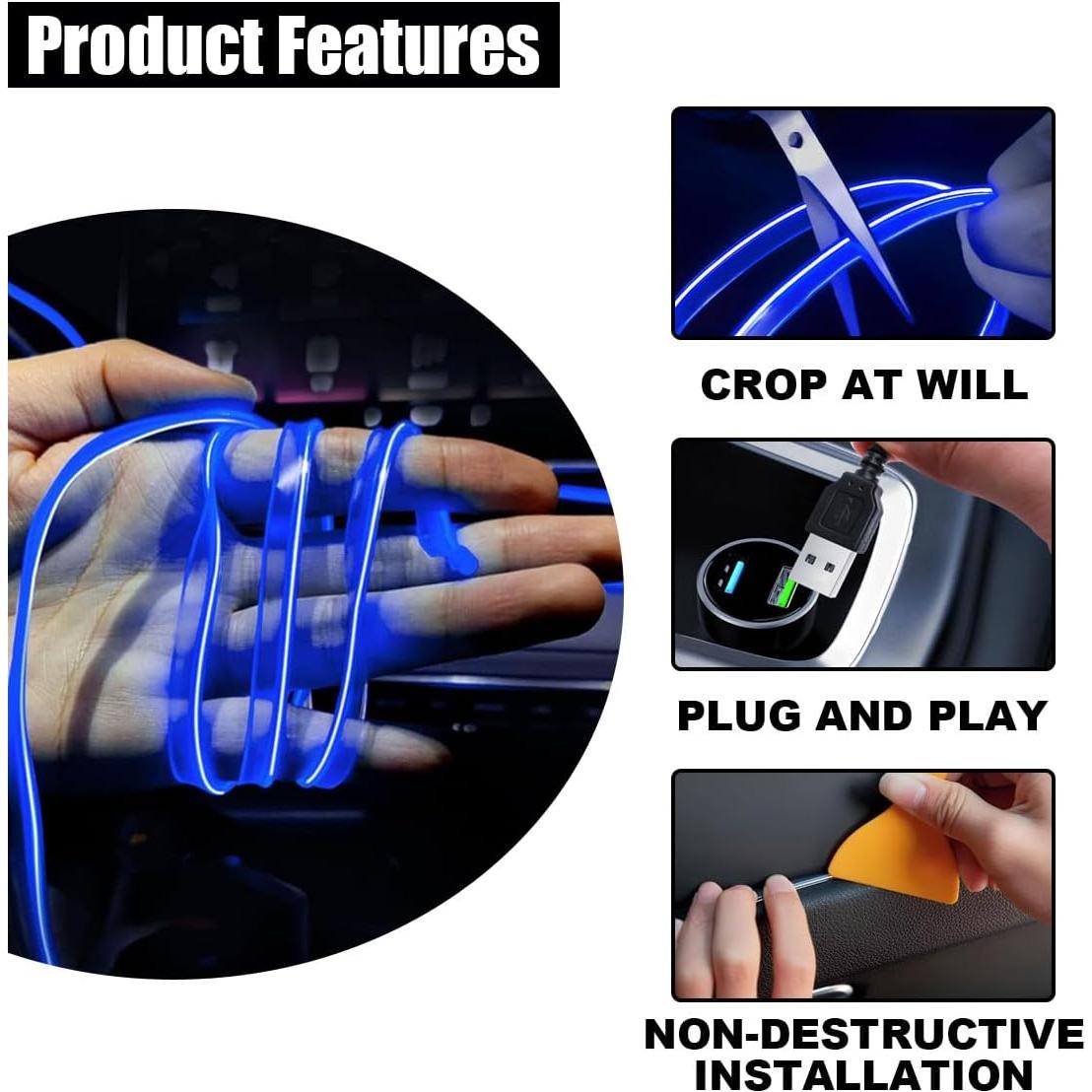 Tira de luz LED para coche GLSOWEE 5m Azul USB Interior