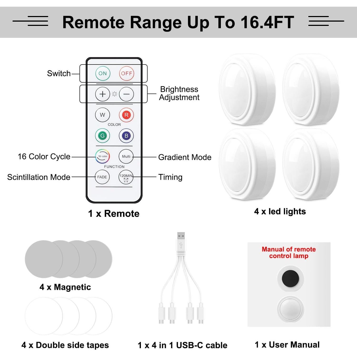 Luces LED Inalámbricas JINRUITOP 4 Piezas Multicolor para Auto