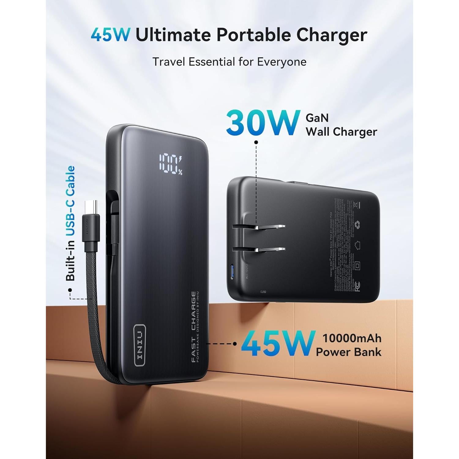 Cargador Portátil INIU 3-en-1 10000mAh 45W Carga Rápida