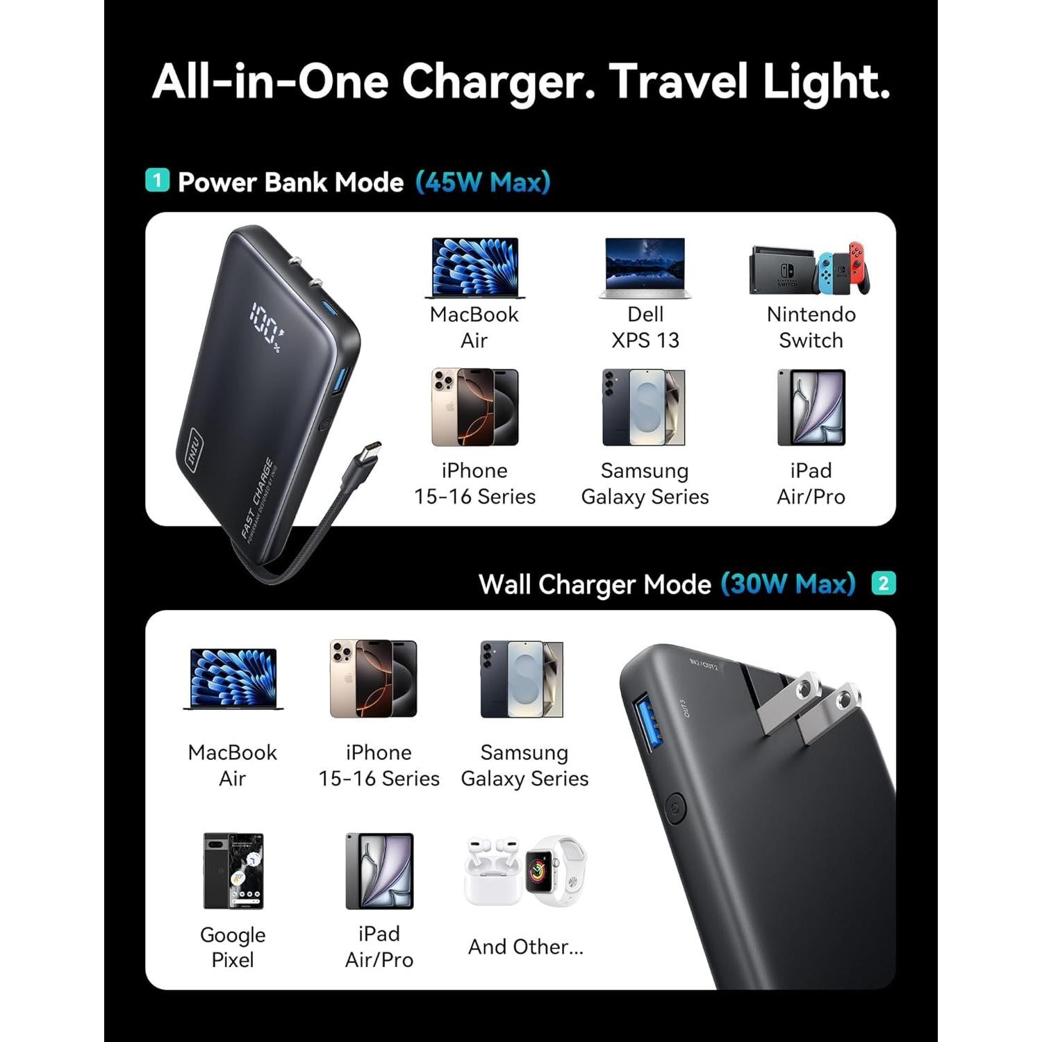 Cargador Portátil INIU 3-en-1 10000mAh 45W Carga Rápida