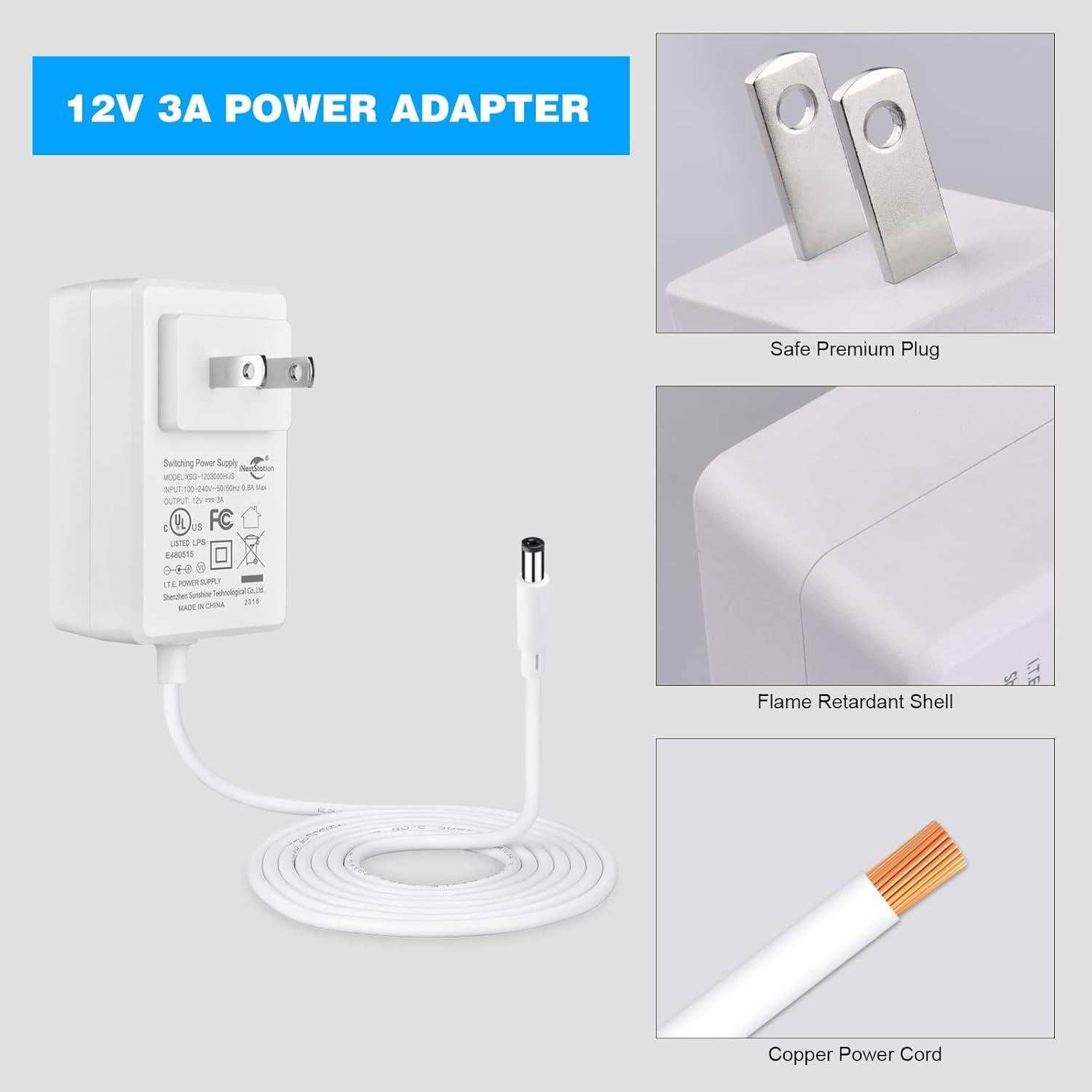 Adaptador de Corriente iNextStation 12V 3A para LED y Dispositivos