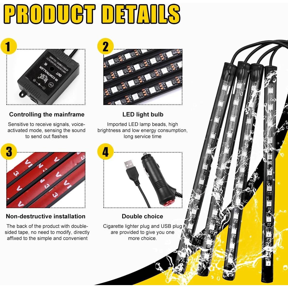 Luces LED de Interior para Auto Povtii, 4 Tiras Multicolor a Prueba de Agua