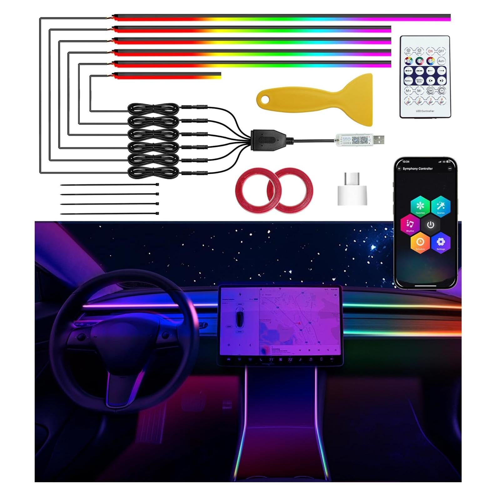 Tira LED Interior de Coche KENANEK 6 en 1 RGB 187"
