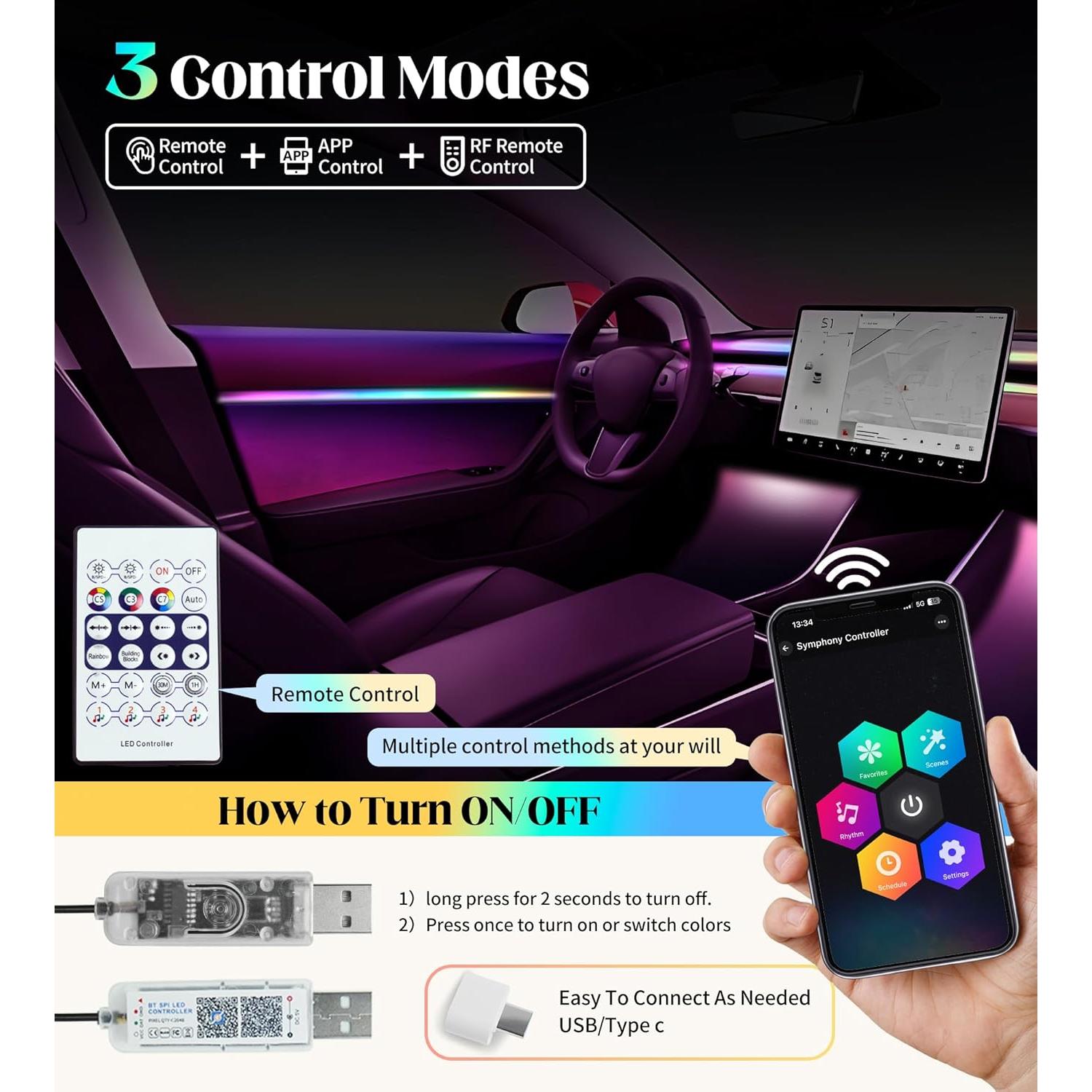 Tira LED Interior de Coche KENANEK 6 en 1 RGB 187"