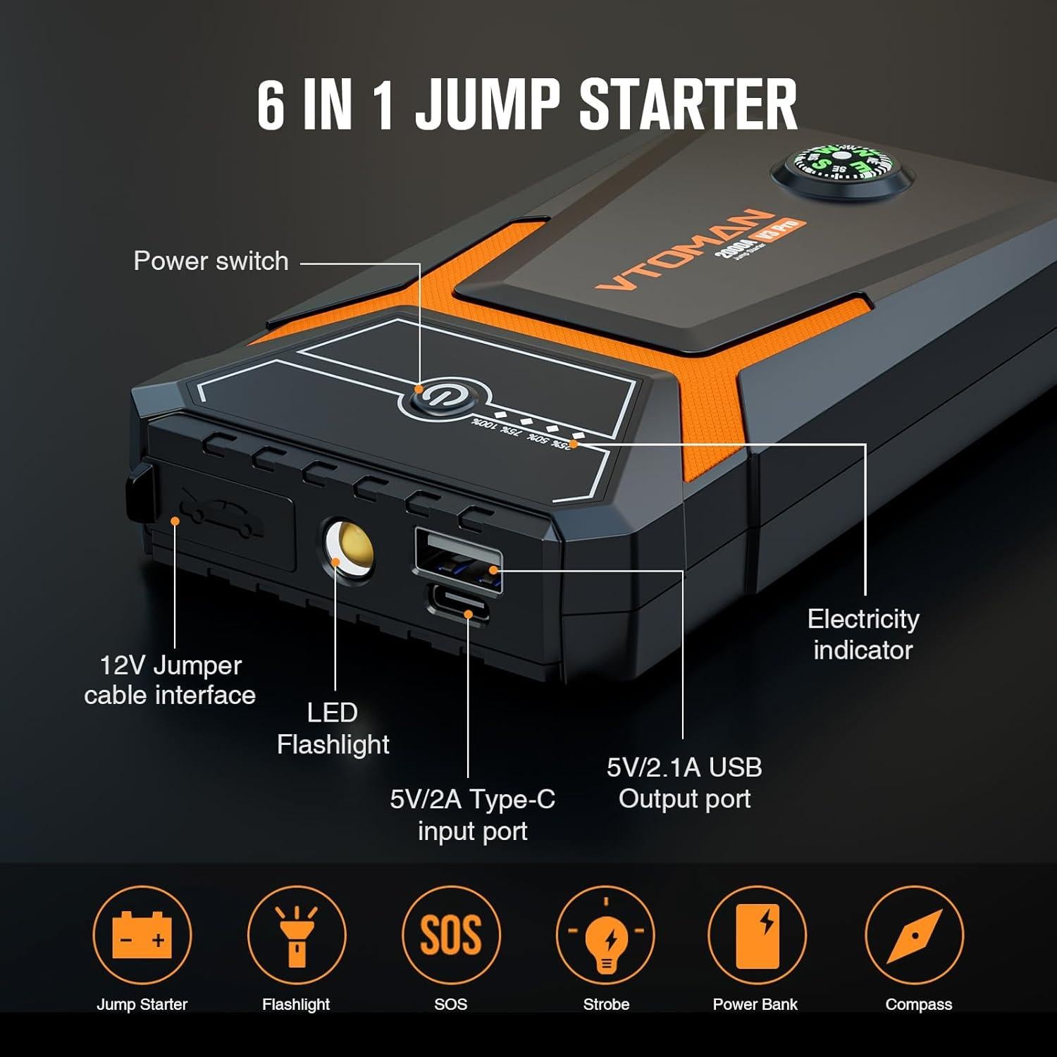 Arrancador de Batería VTOMAN V3 Pro 2000A 12V Portátil