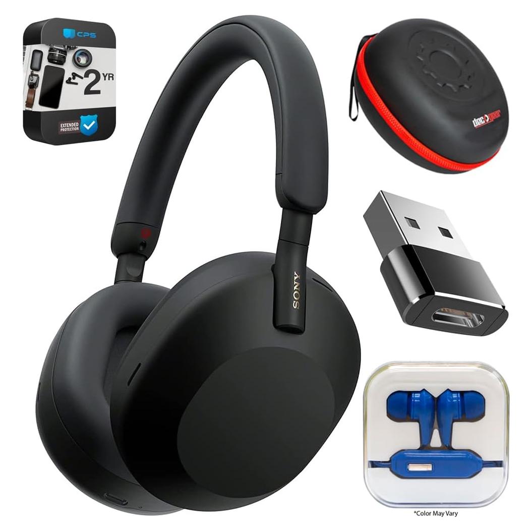 WH-1000XM5 Wireless Industry Leading Noise Canceling Headphones, Black Bundle with 2 YR CPS Enhanced Protection Pack, Mizco Travelocity in-Ear Headphone, Deco Gear Hard Case and Type C Adapter