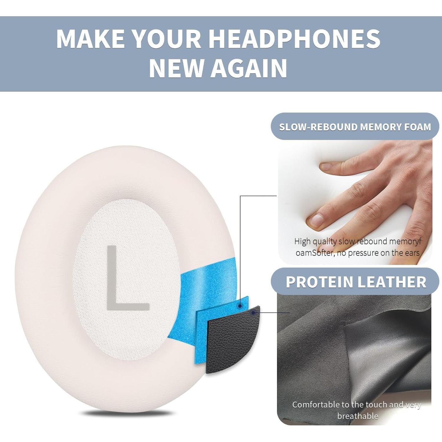 Almohadillas de Repuesto Damex para Auriculares Bose QC 45/45 SE - Espuma de Memoria Engrosada, Cuero Blanco