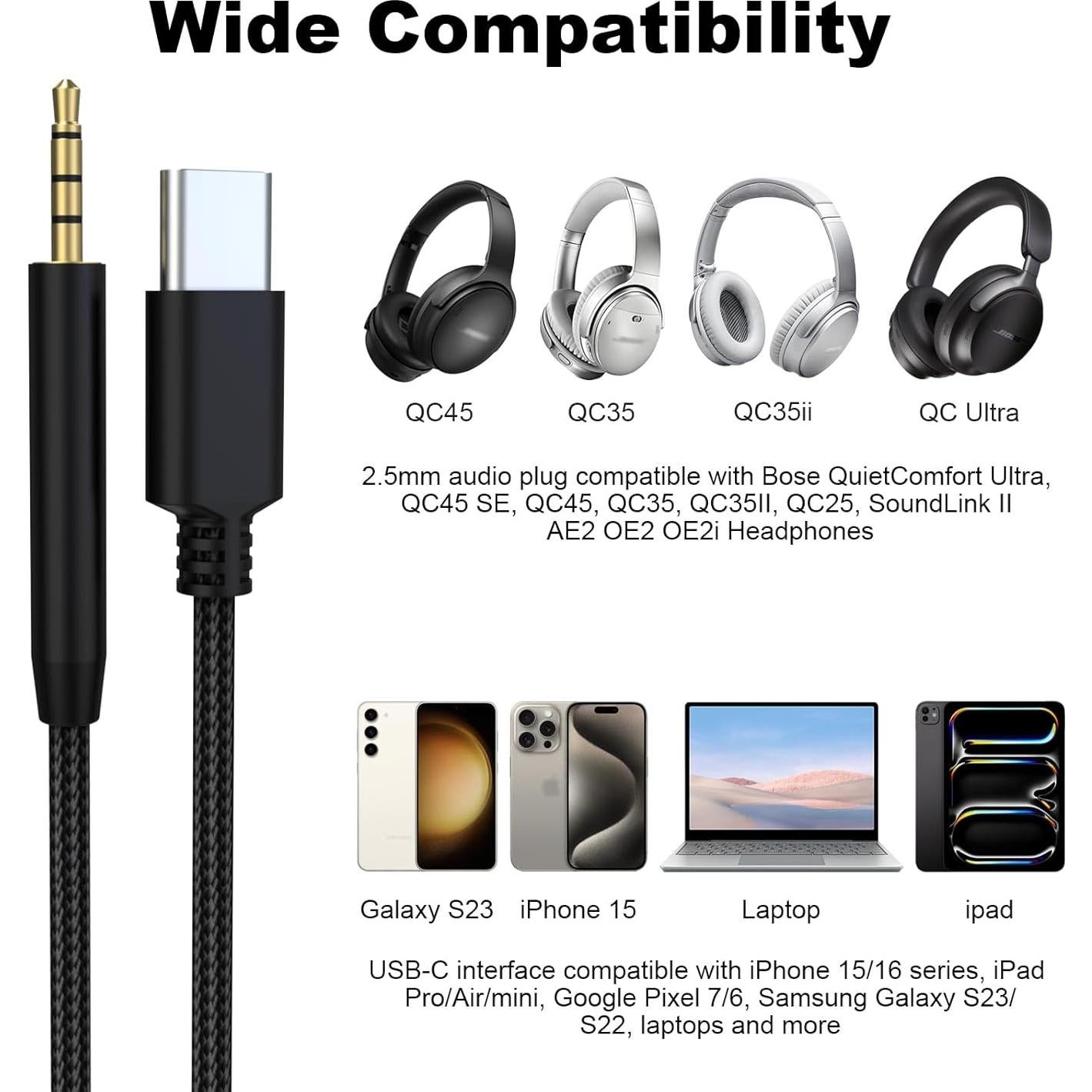 Cable de audio USB-C a 2.5mm Puiixur para auriculares Bose y más