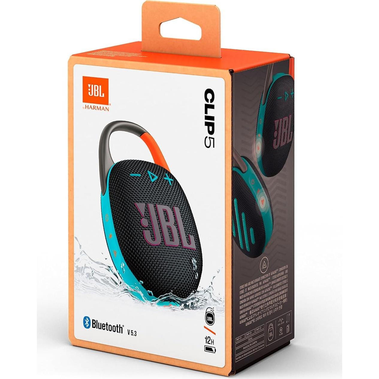 Altavoz Bluetooth JBL Clip 5 - Resistente al Agua - Negro Naranja
