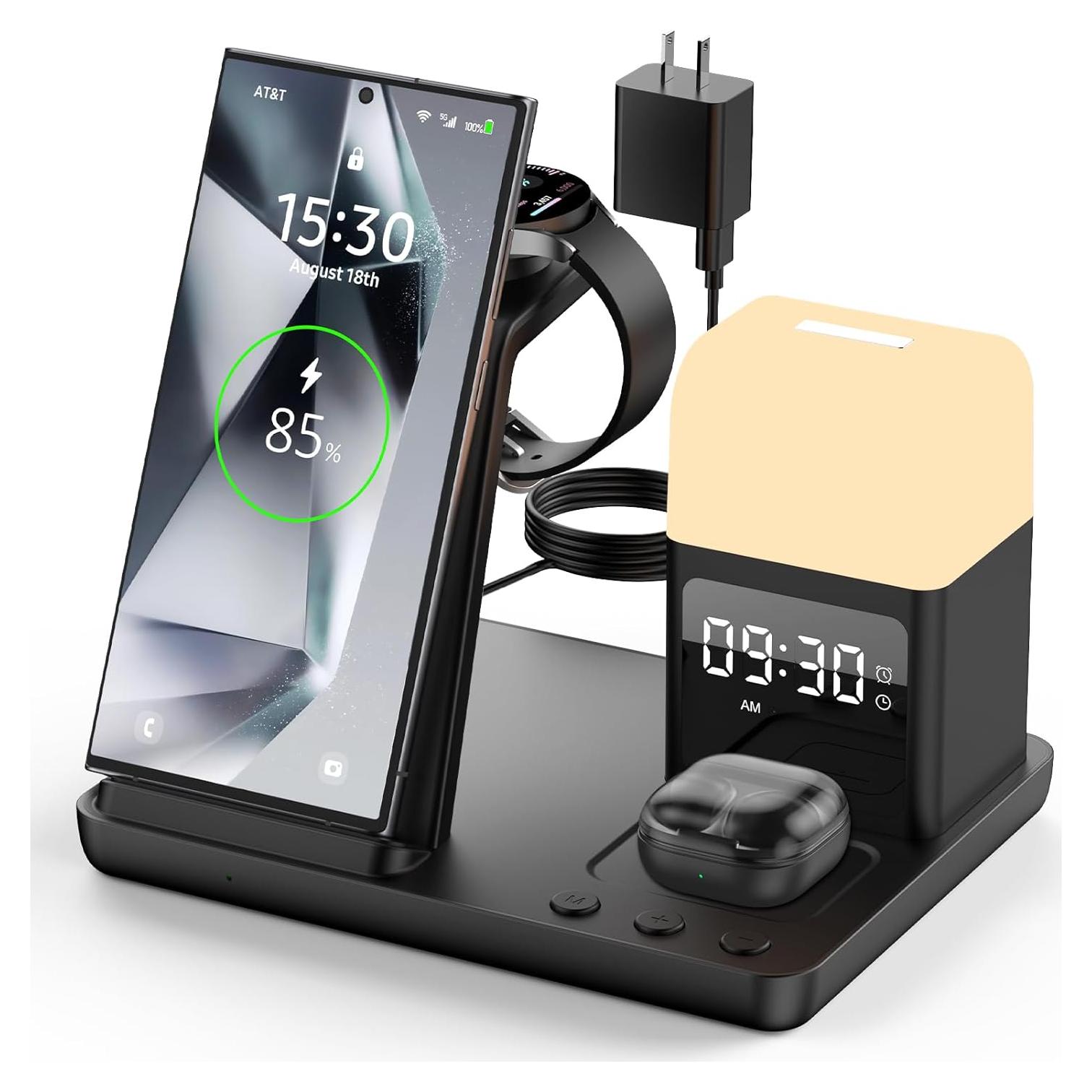 Cargador Inalámbrico 6 en 1 Samsung con Reloj Despertador Negro