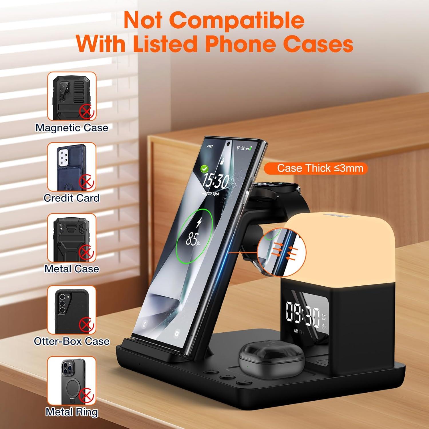 Cargador Inalámbrico 6 en 1 Samsung con Reloj Despertador Negro