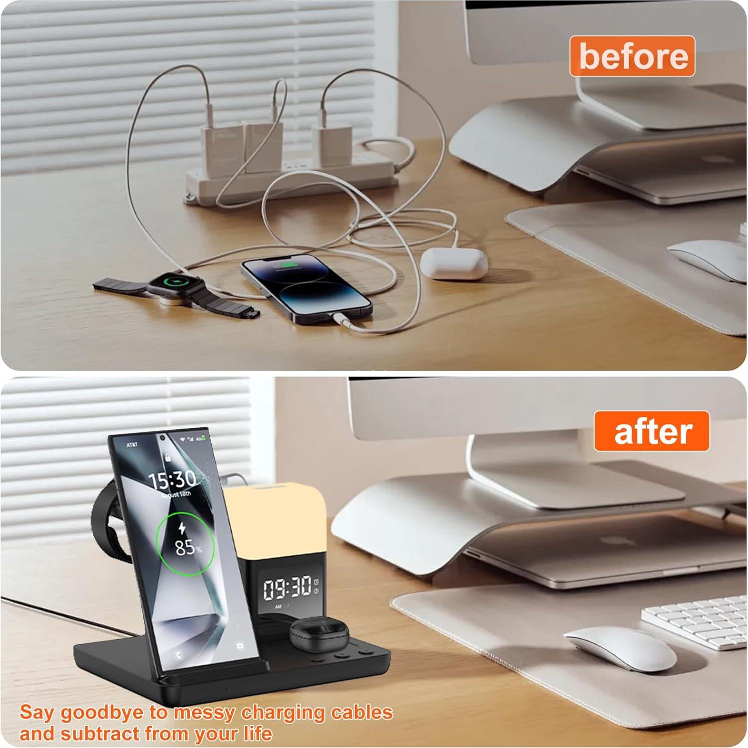 Cargador Inalámbrico 6 en 1 Samsung con Reloj Despertador Negro