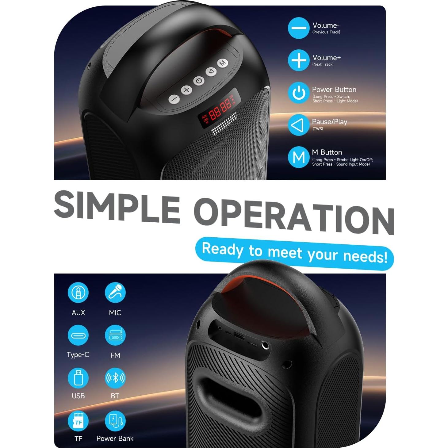 Altavoz Bluetooth Halokin DF-720 40W 120dB Portátil con Luces LED