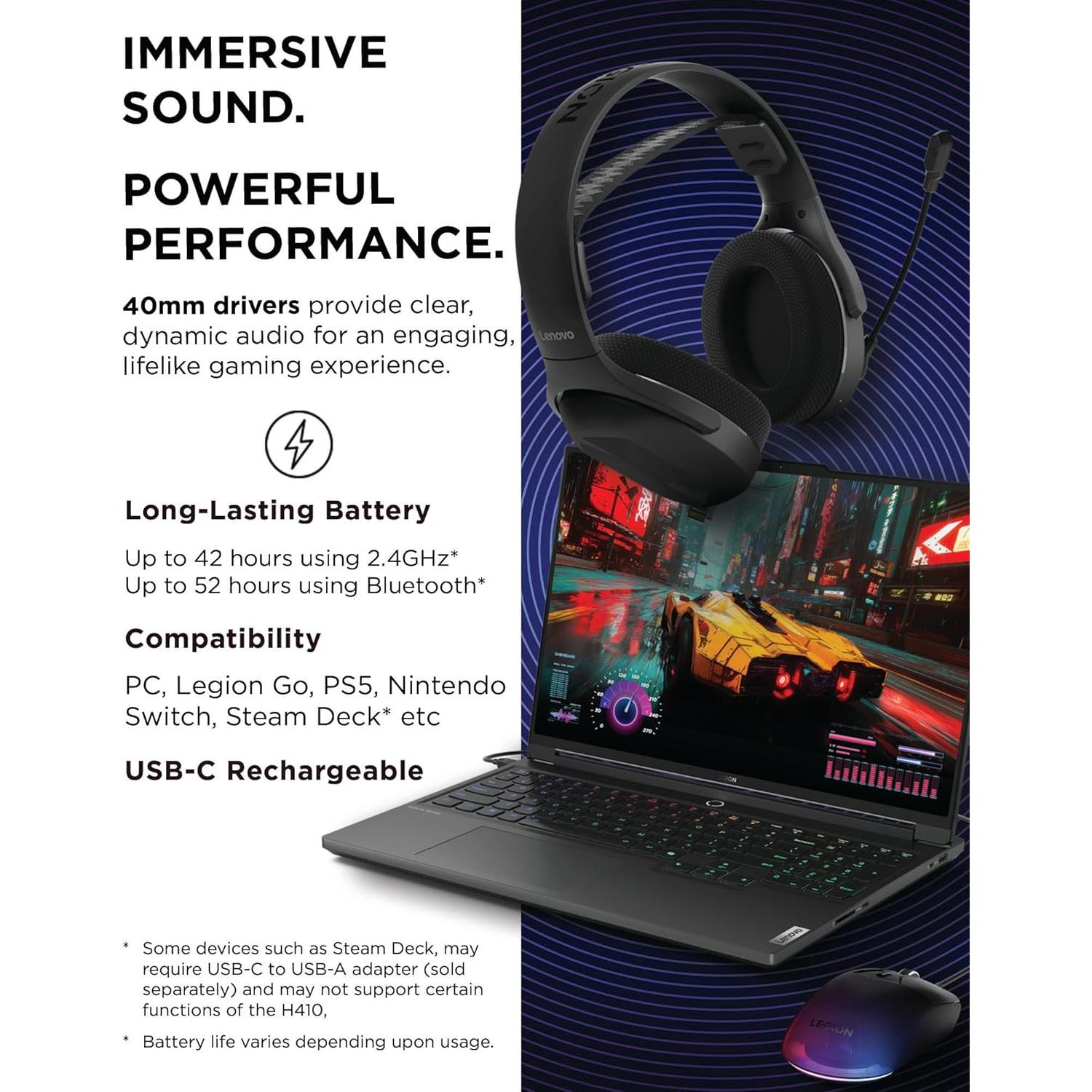 Auriculares Gaming Inalámbricos Lenovo Legion H410 - Bluetooth 5.2, 304g