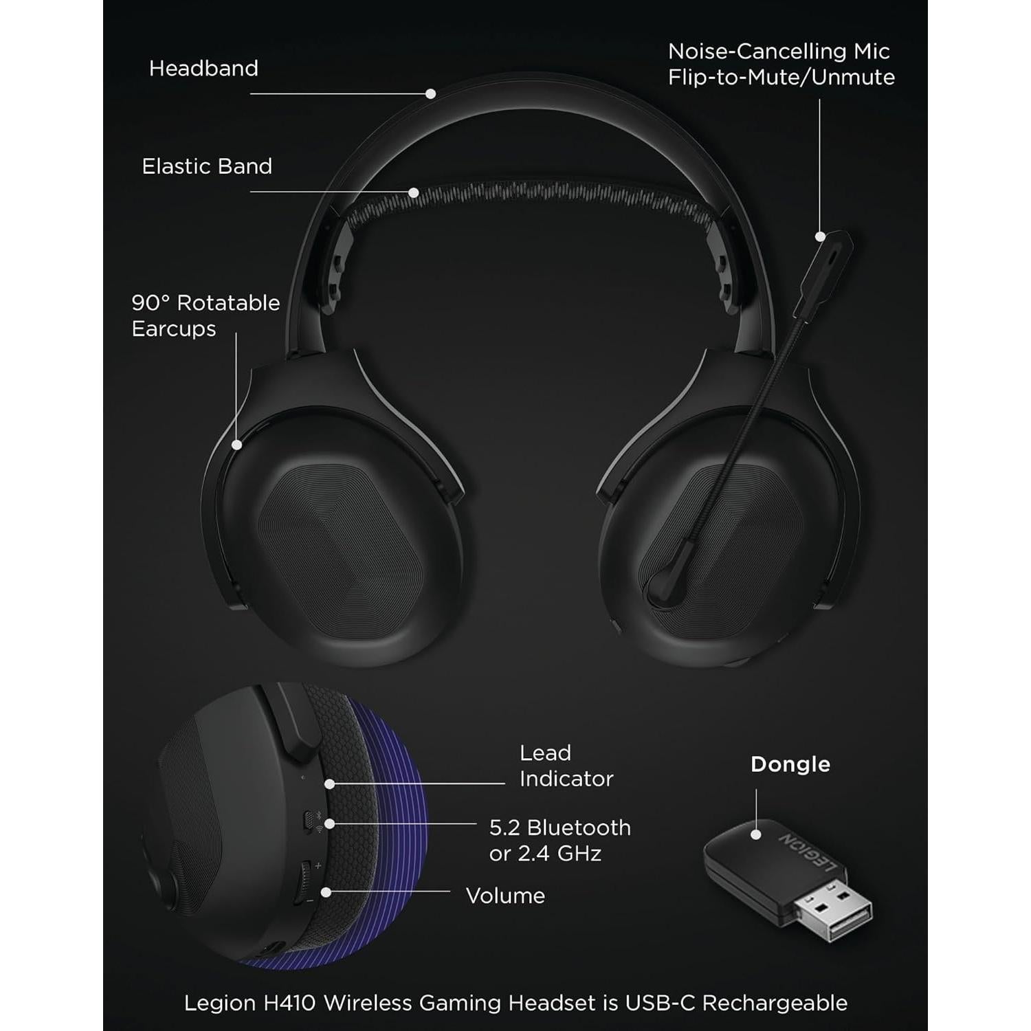 Auriculares Gaming Inalámbricos Lenovo Legion H410 - Bluetooth 5.2, 304g