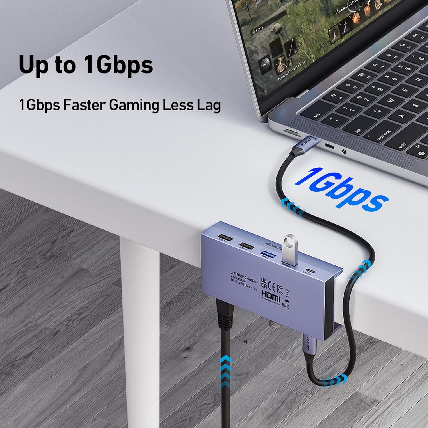 Hub USB C 8-en-1 BENFEI con HDMI 4K, Ethernet y 100W PD
