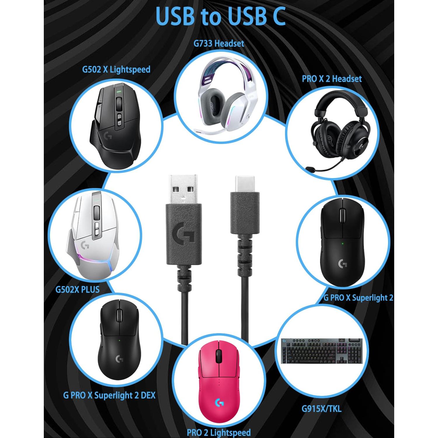 Cable de carga USB C 1.8m NoirVogel para Logitech G502X/G Pro