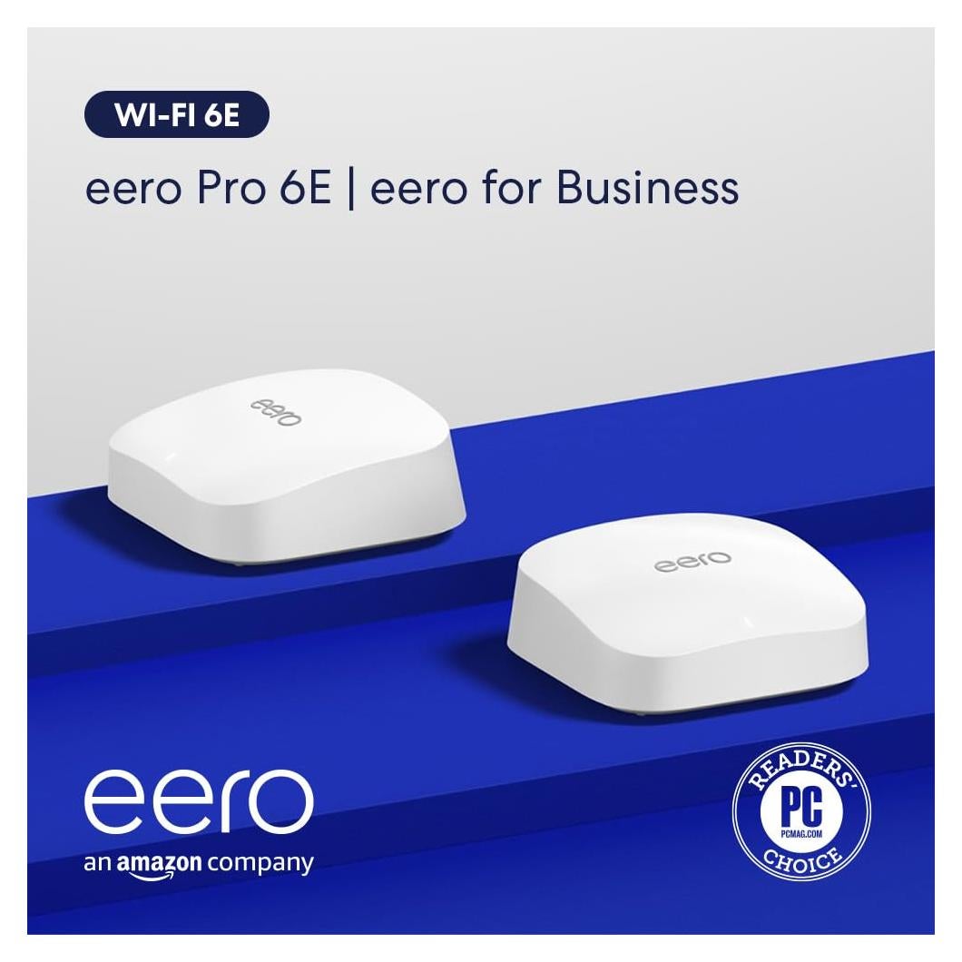 Amazon eero Pro 6E mesh wifi system with 1 month free eero Business (auto-renews annually) - Coverage up to 4,000 sq. ft., Connect 100+ devices, 2-pack