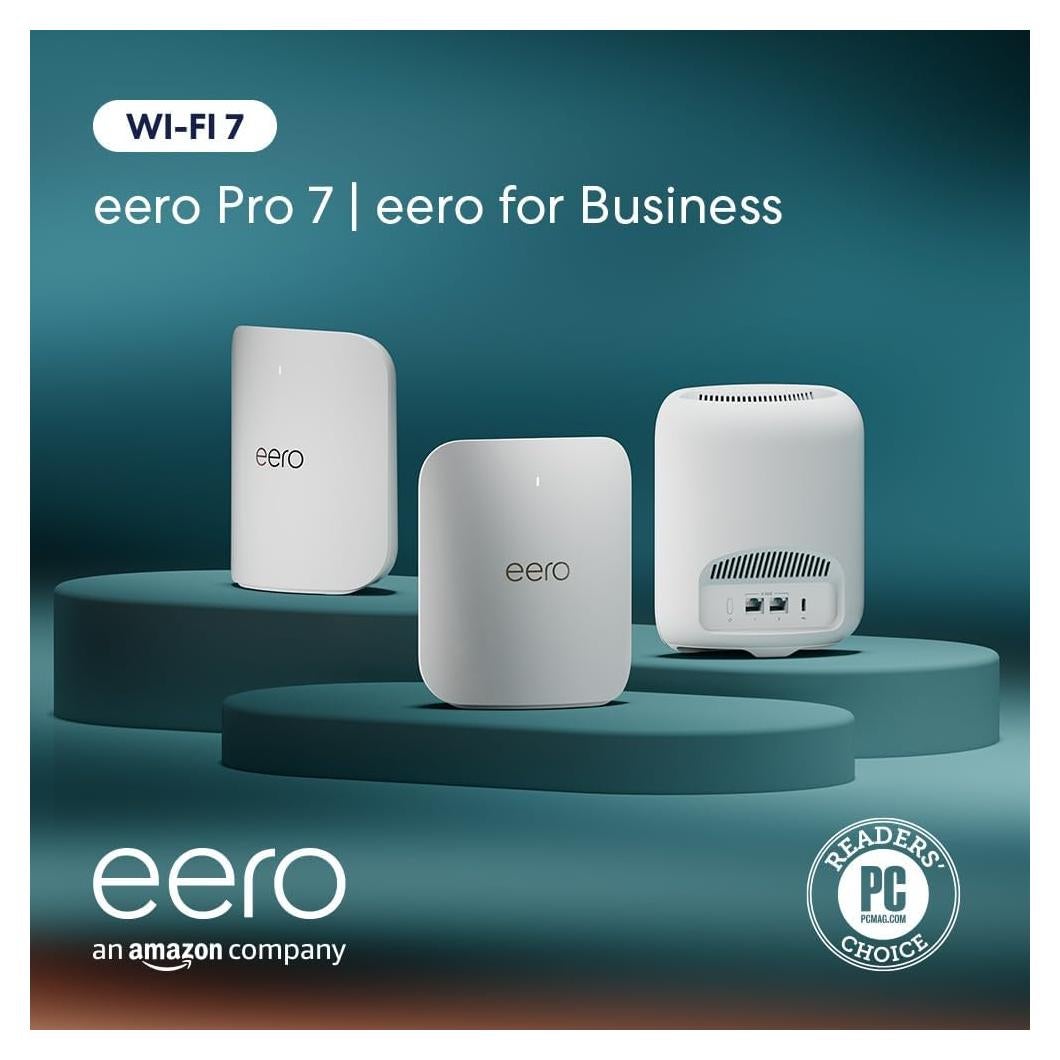Amazon eero Pro 7 with 1 month free eero for Business (auto-renews annually) - Supports internet plans up to 5 Gbps, Coverage up to 6,000 sq. ft., Connect 600+ devices, 3-pack