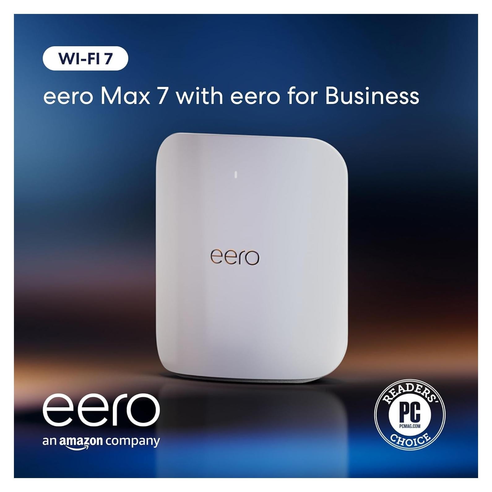 Amazon eero Max 7 mesh wifi system with 1 month free eero for Business (auto-renews annually) - Supports internet plans up to 10 Gbps, Coverage up to 7,500 sq. ft., Connect 750+ devices, 3-pack