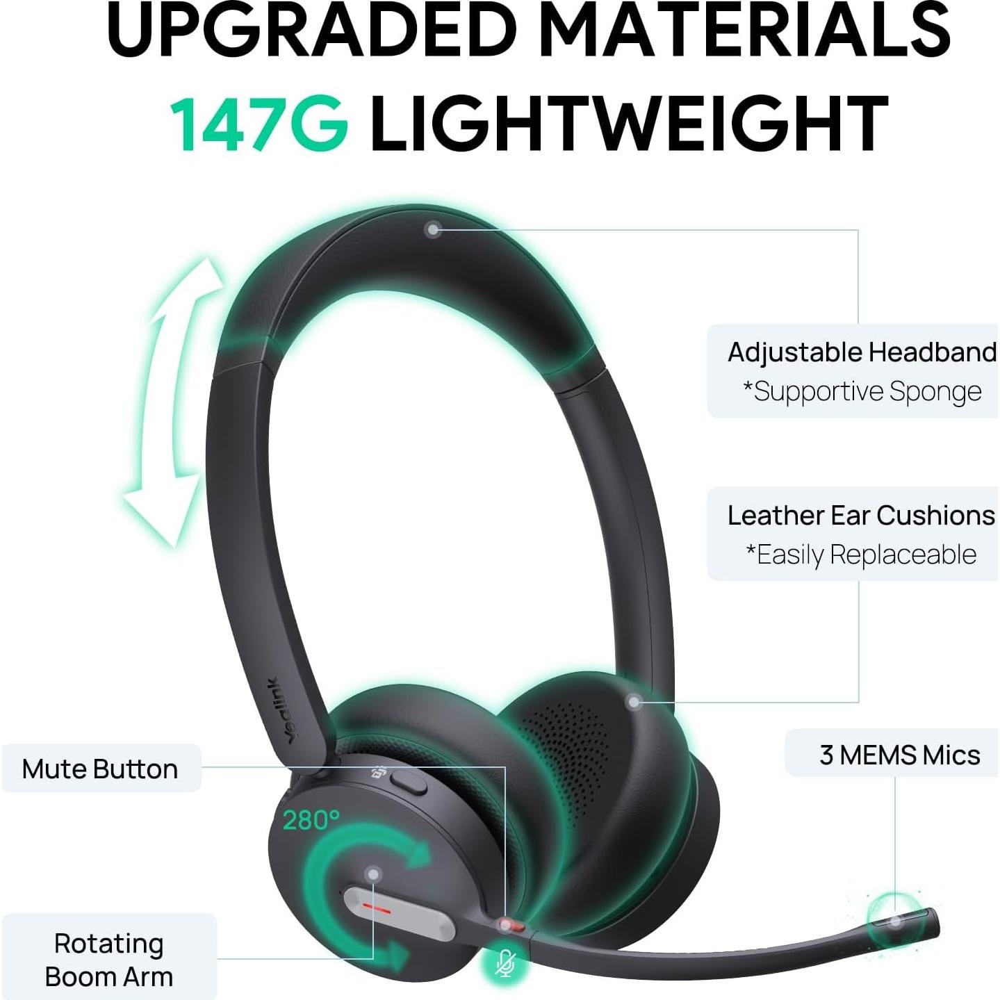 Auricular Inalámbrico Bluetooth Yealink BH70 Doble con Micrófono