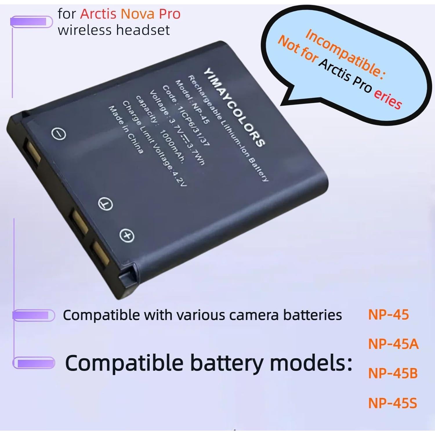 Paquete de 2 Baterías NP-45 YIMAYCOLORS para Steelseries Arctis Nova Pro