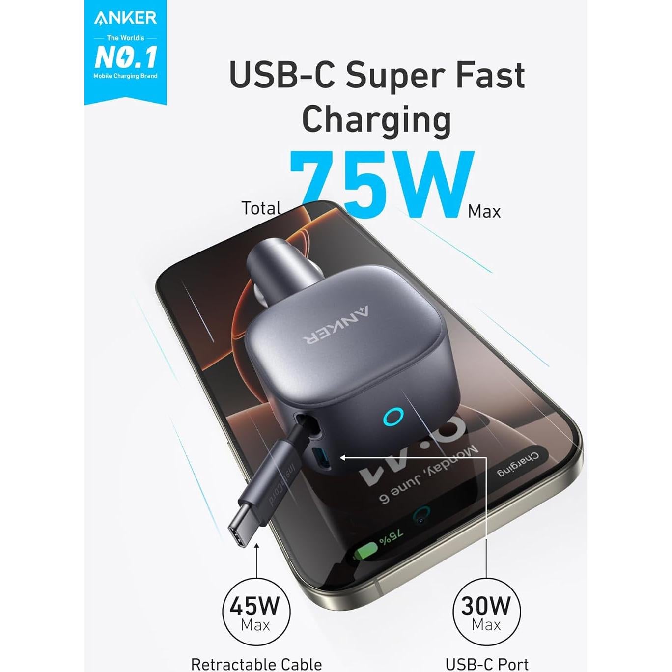 Cargador de Coche USB-C Anker A2738 75W Rápido con Cable Retráctil