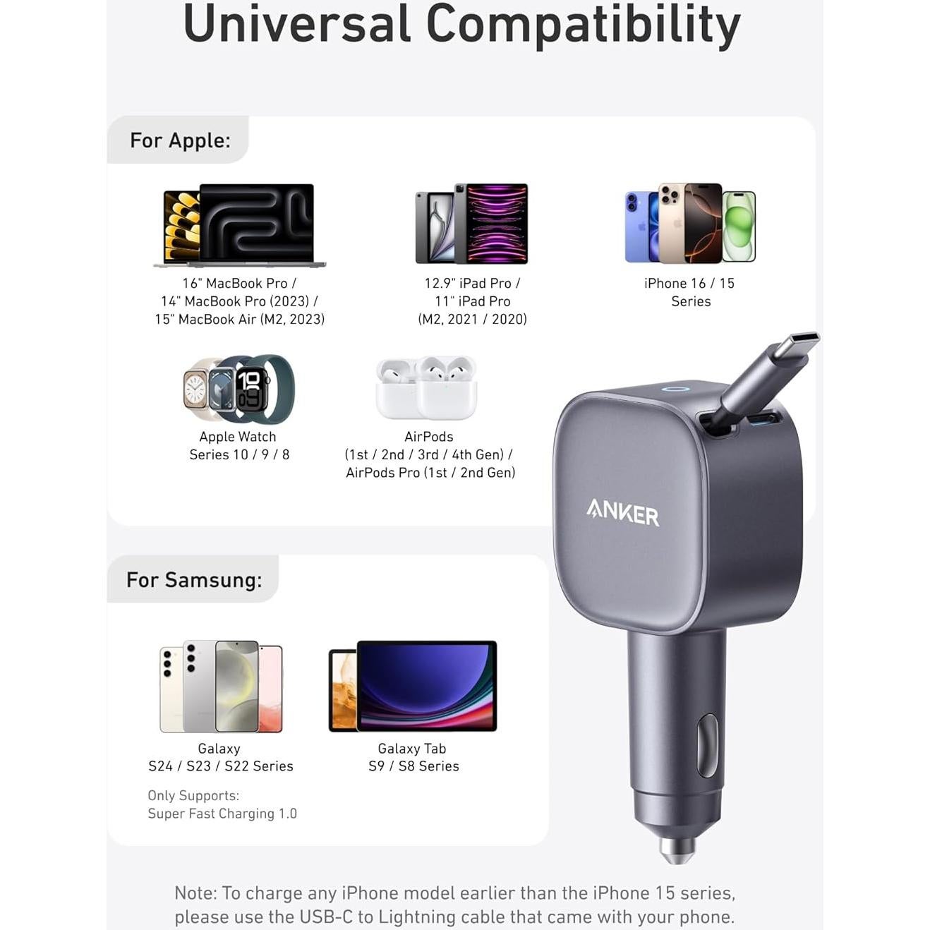 Cargador de Coche USB-C Anker A2738 75W Rápido con Cable Retráctil