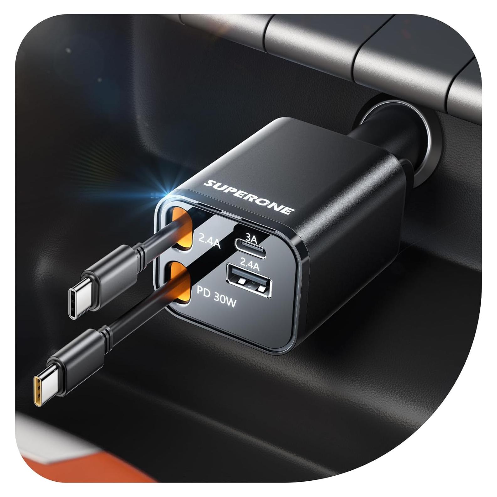 Cargador de Coche USB C Retráctil Superone 69W 4 en 1