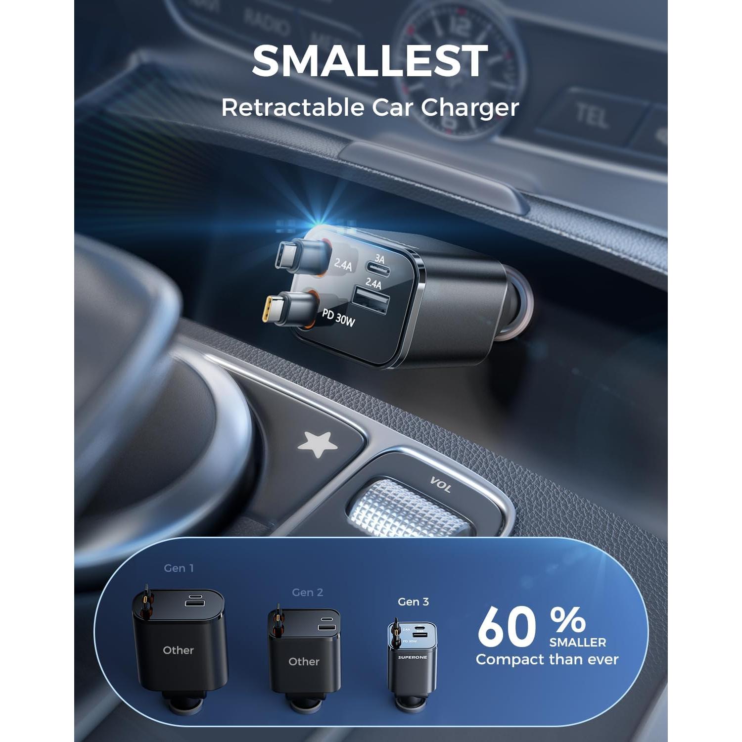 Cargador de Coche USB C Retráctil Superone 69W 4 en 1