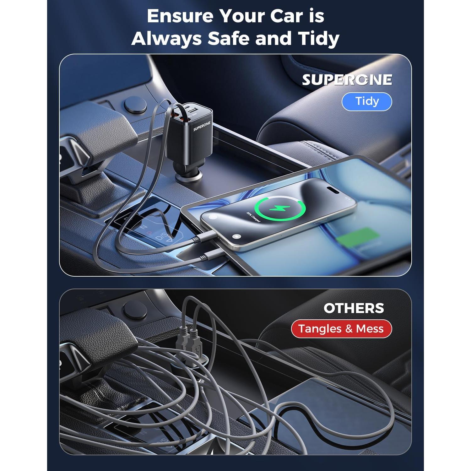 Cargador de Coche USB C Retráctil Superone 69W 4 en 1