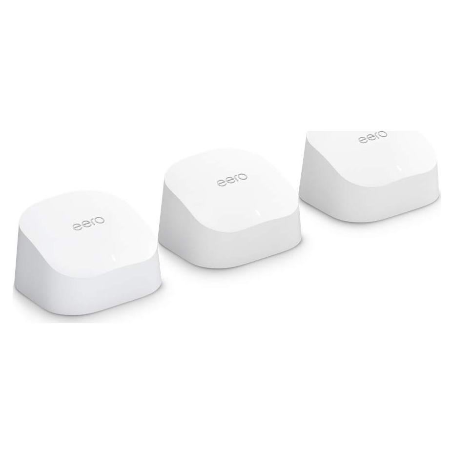 Like-New Amazon eero 6 mesh wifi system - Supports internet plans up to 500 Mbps, Coverage up to 4,500 sq. ft., Connect 75+ devices, 3-pack (1 router + 2 extenders)