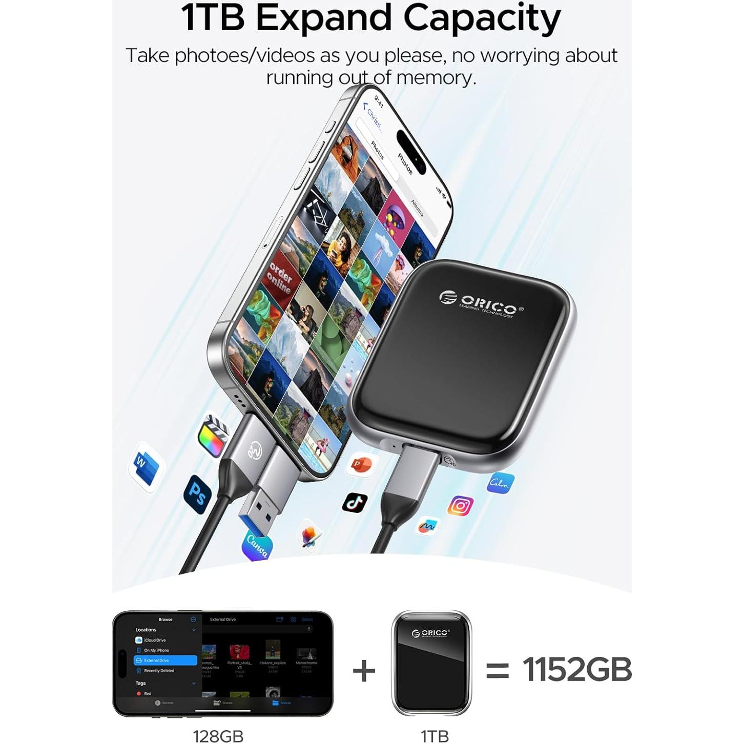 ORICO 1TB Portable SSD Up to 2000MB/s External Solid State Drive, USB 3.2 Gen 2x2 20Gbps with 2 in 1 USB C Cable, Compatibility with MacBook, iPad, iPhone 15, PSSD - A20