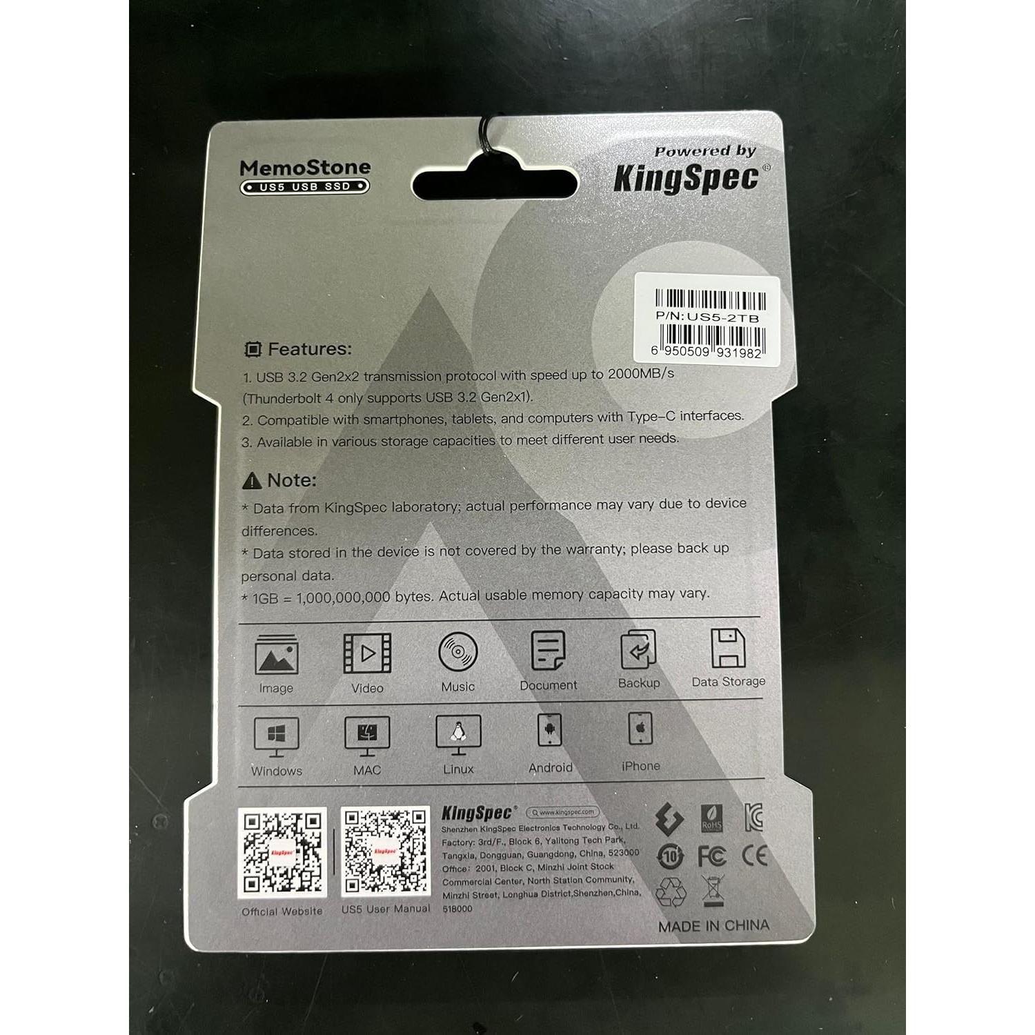 SSD Externo KingSpec 1TB USB-C 2000MB/s Alta Velocidad