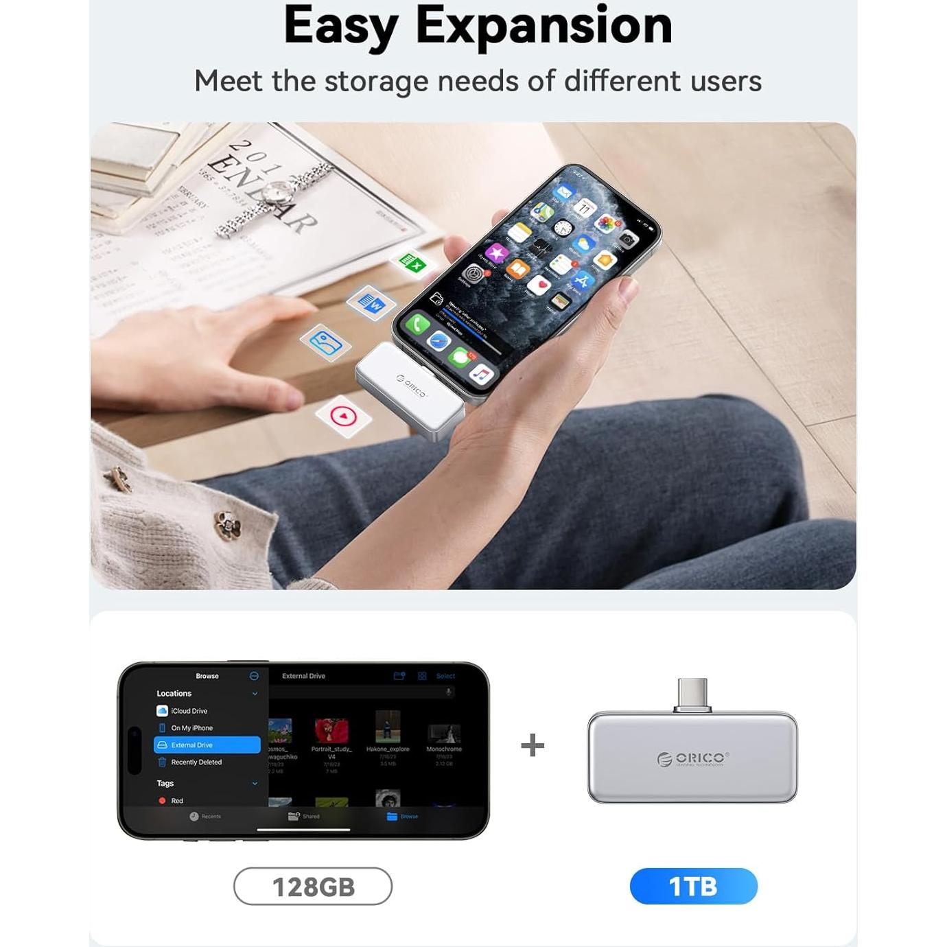 ORICO FlashPod 1TB Portable SSD Up to 2000MB/s, Direct Plug Design, High-Speed External SSD with USB 3.2 Gen2x2 20Gbps Interface, Reliable Storage for iPhone 16 Series, Tablets, Laptops - S20