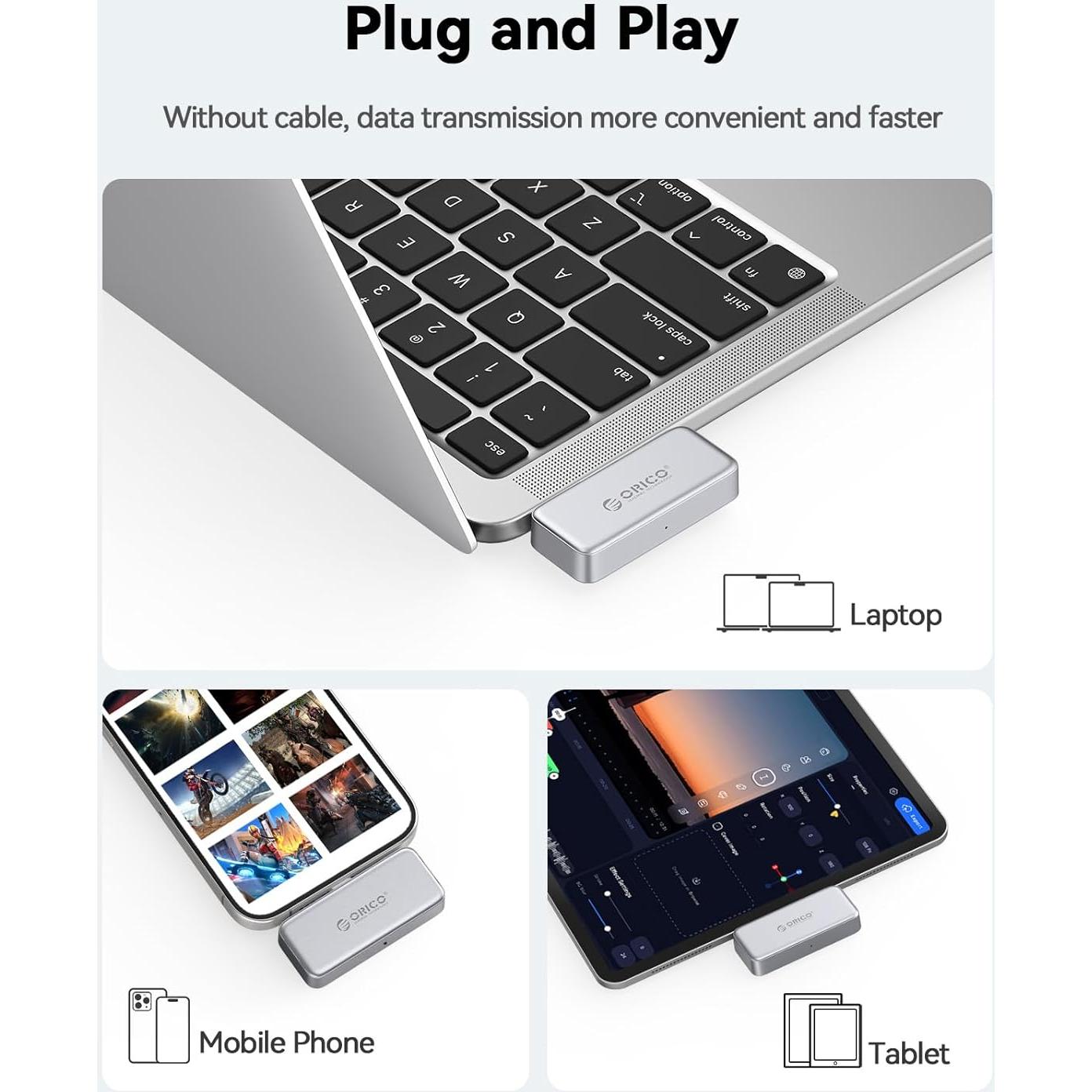 ORICO FlashPod 1TB Portable SSD Up to 2000MB/s, Direct Plug Design, High-Speed External SSD with USB 3.2 Gen2x2 20Gbps Interface, Reliable Storage for iPhone 16 Series, Tablets, Laptops - S20