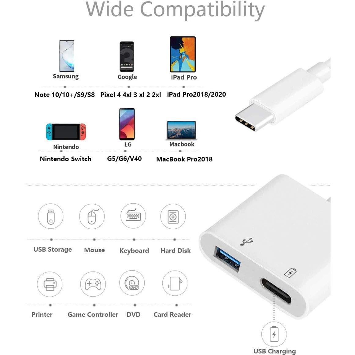 Adaptador USB C OTG 2 en 1 Aimuli 60W Carga y Datos Blanco