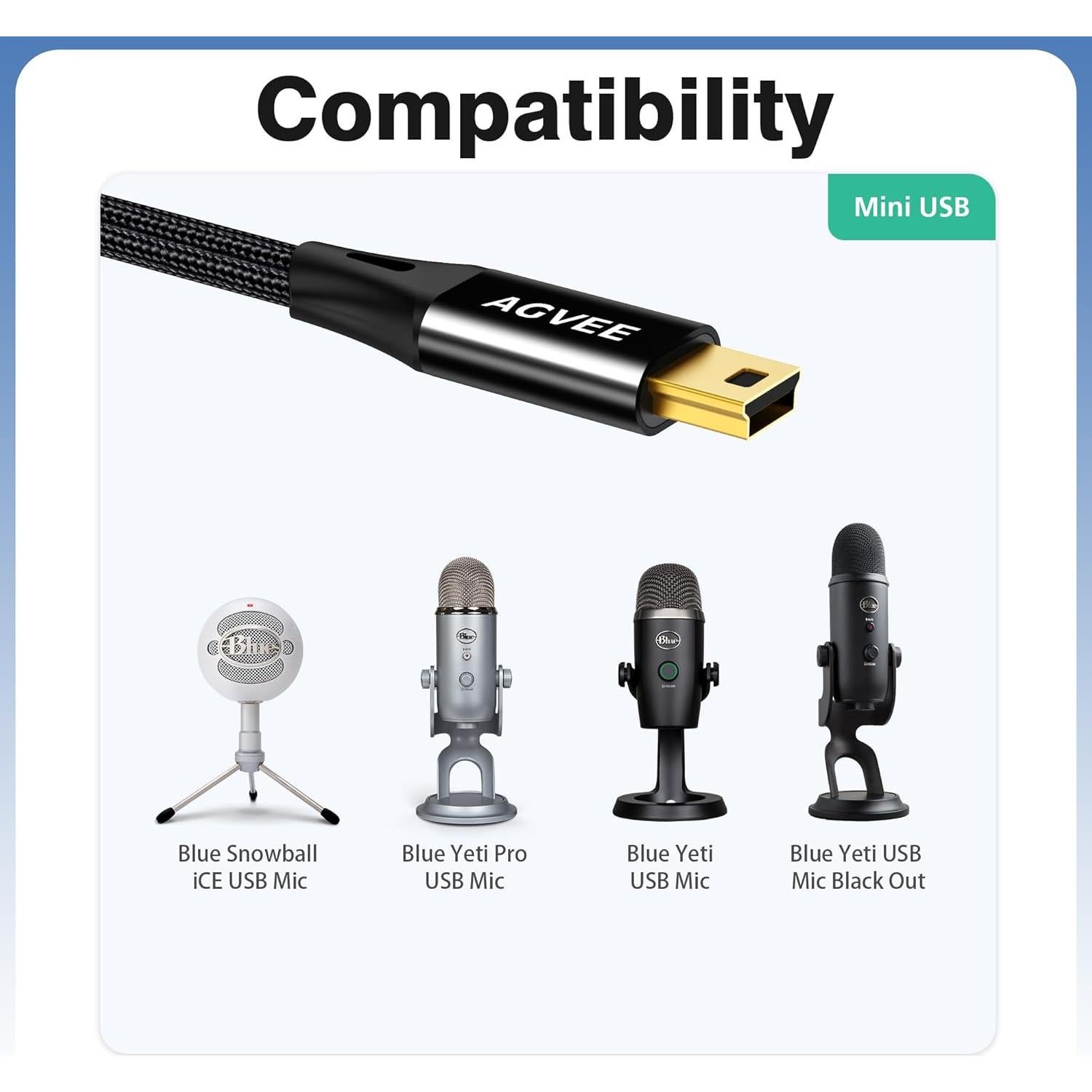 Cable USB 2.0 AGVEE 2.0m para Micrófonos Blue Yeti y Snowball