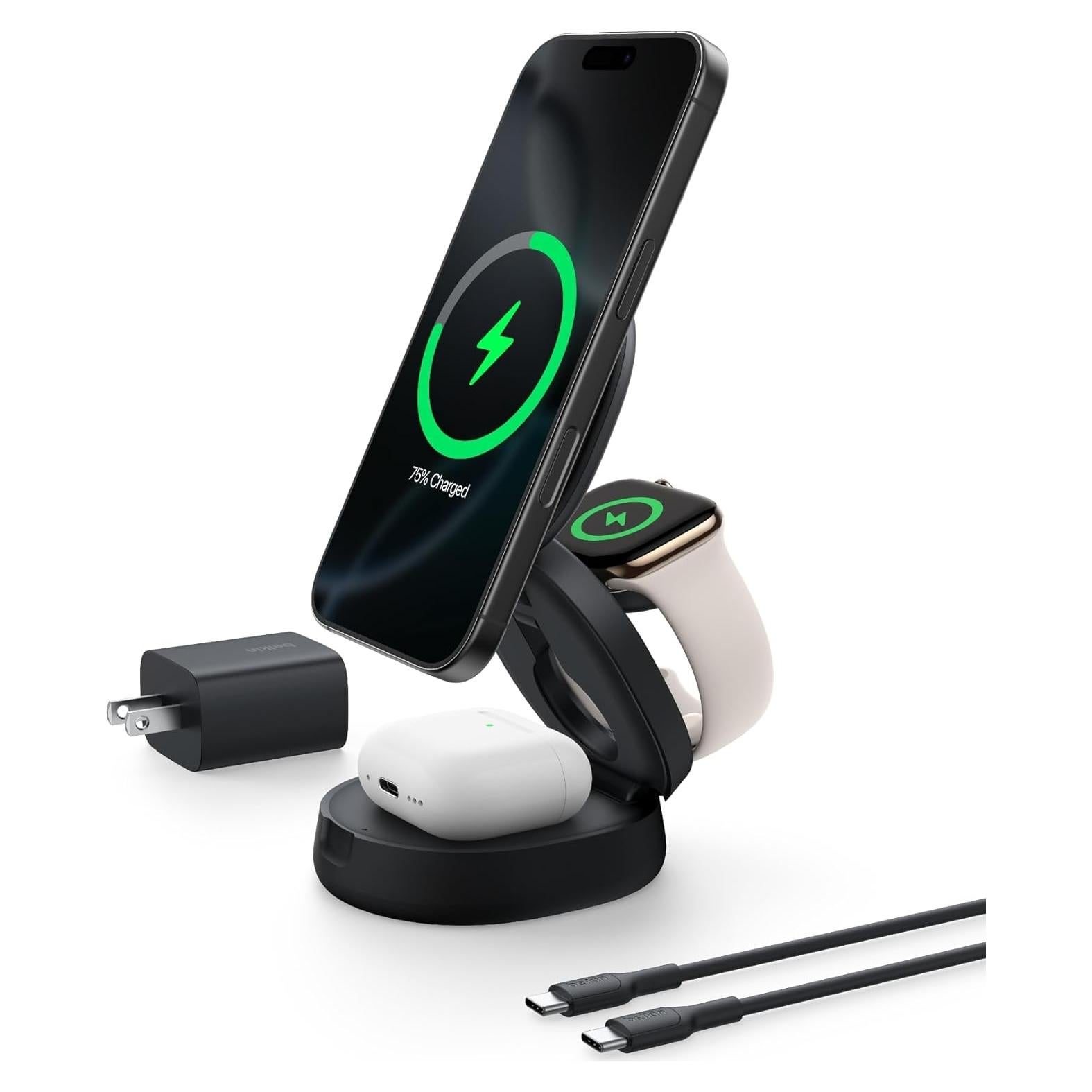 Cargador Inalámbrico 3-en-1 Belkin Qi2 15W para iPhone, Apple Watch y AirPods - Negro