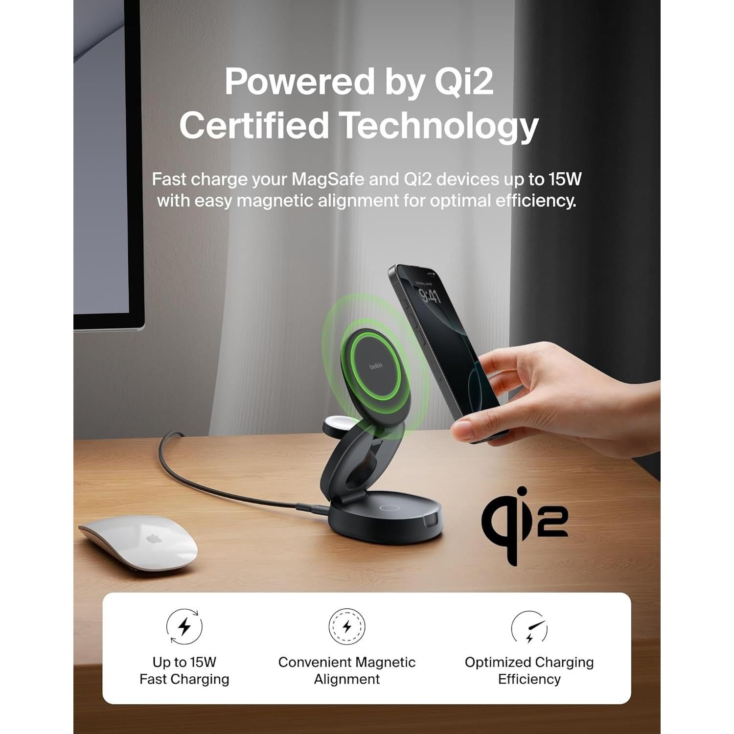 Cargador Inalámbrico 3-en-1 Belkin Qi2 15W para iPhone, Apple Watch y AirPods - Negro